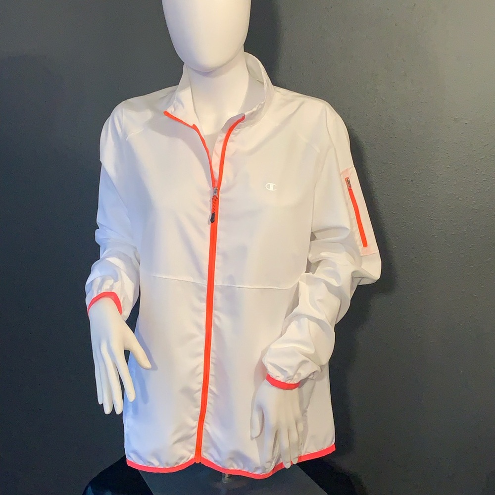 Champion White Windbreaker with Bright Orange Trim